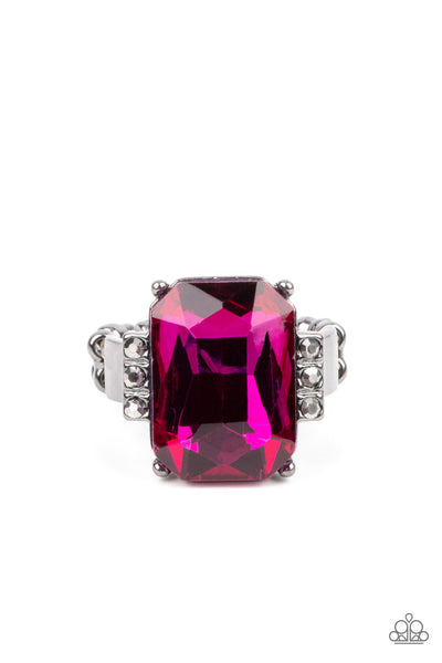 EPIC PROPORTIONS - PINK RECTANGLE GEM HEMATITE RHINESTONE GUNMETAL RING - PAPARAZZI