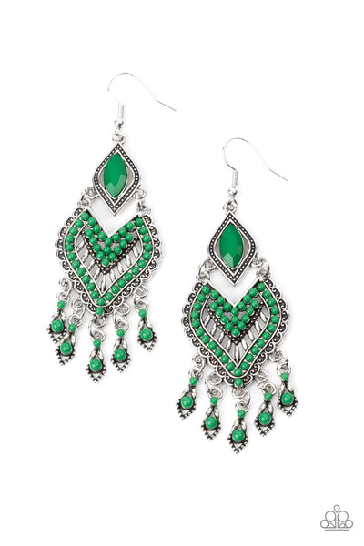 DEARLY DEBONAIR - GREEN BEAD SILVER FRINGE EARRINGS - PAPARAZZI 2021 CONVENTION EXCLUSIVE