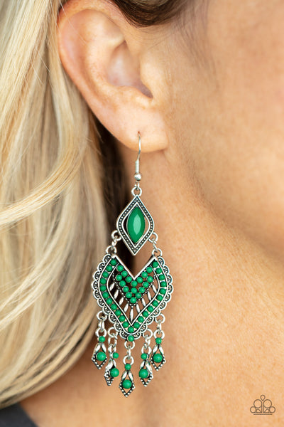 DEARLY DEBONAIR - GREEN BEAD SILVER FRINGE EARRINGS - PAPARAZZI 2021 CONVENTION EXCLUSIVE
