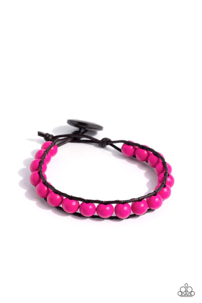 EPIC EXPLORER - PINK WOODEN BEAD BROWN CORD URBAN BRACELET - PAPARAZZI