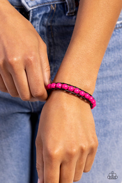 EPIC EXPLORER - PINK WOODEN BEAD BROWN CORD URBAN BRACELET - PAPARAZZI