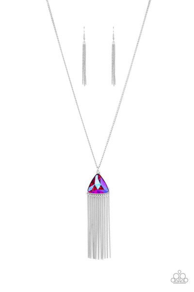PROUDLY PRISMATIC - PINK IRIDESCENT TRIANGLE GEM SILVER NECKLACE - PAPARAZZI