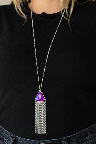PROUDLY PRISMATIC - PINK IRIDESCENT TRIANGLE GEM SILVER NECKLACE - PAPARAZZI