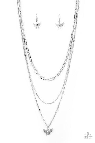 BOUNTIFUL BUTTERFLIES - WHITE RHINESTONE SILVER BUTTERFLY LAYERED NECKLACE - PAPARAZZI