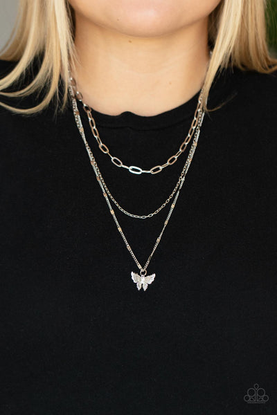 BOUNTIFUL BUTTERFLIES - WHITE RHINESTONE SILVER BUTTERFLY LAYERED NECKLACE - PAPARAZZI