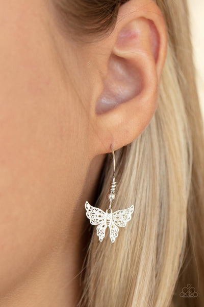 BOUNTIFUL BUTTERFLIES - WHITE RHINESTONE SILVER BUTTERFLY LAYERED NECKLACE - PAPARAZZI