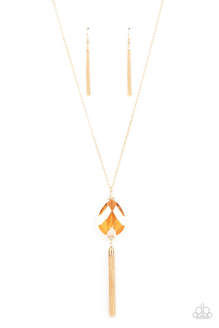INTERSTELLAR SOLSTICE - GOLD IRIDESCENT GEM TASSEL PENDAND NECKLACE - PAPARAZZI