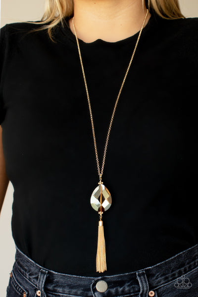 INTERSTELLAR SOLSTICE - GOLD IRIDESCENT GEM TASSEL PENDAND NECKLACE - PAPARAZZI