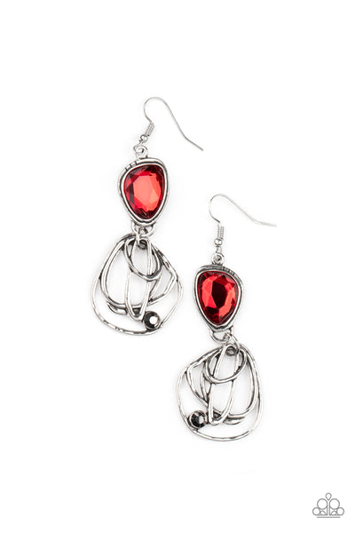 GALACTIC DRAMA - RED GEM RHINESTONE SILVER EARRINGS - PAPARAZZI