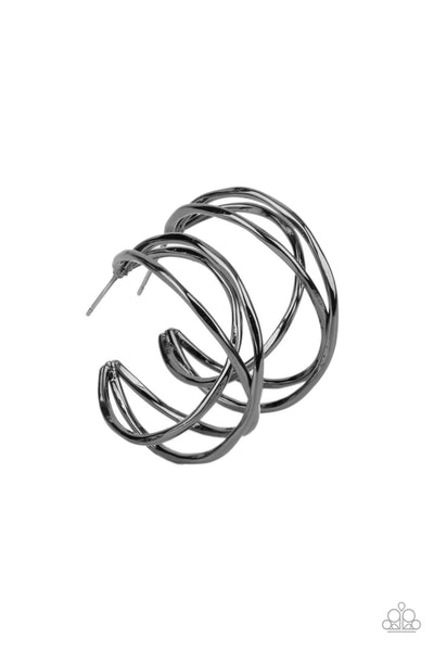 CITY CONTOUR - BLACK WIRE GUNMETAL HOOP EARRINGS - PAPARAZZI