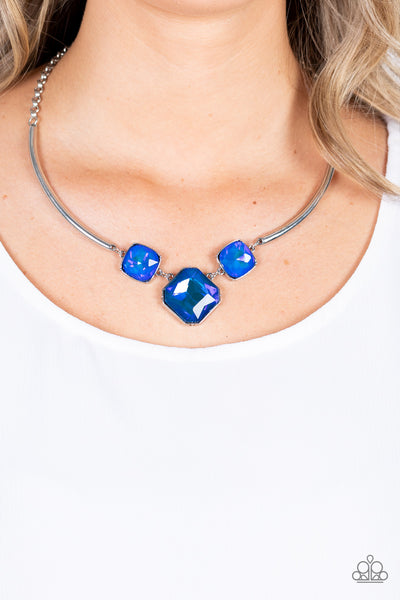 DIVINE IRIDESCENCE - BLUE IRIDESCENT GEM SILVER NECKLACE - PAPARAZZI LIFE OF THE PARTY OCTOBER 2021 EXCLUSIVE