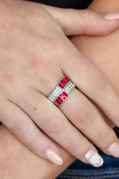PUT THEM IN CHECK - RED RHINESTONE SILVER RING - PAPARAZZI