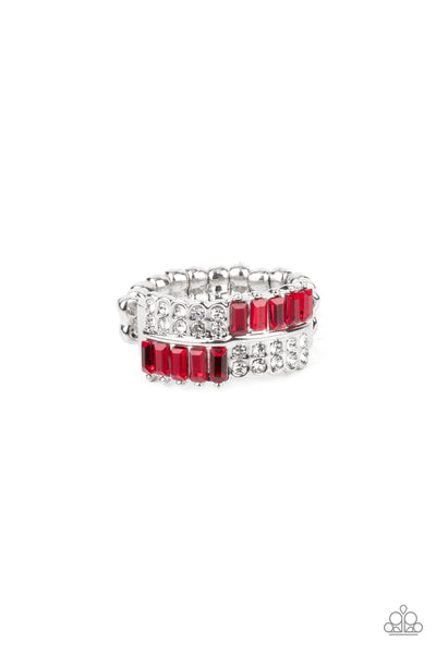 PUT THEM IN CHECK - RED RHINESTONE SILVER RING - PAPARAZZI