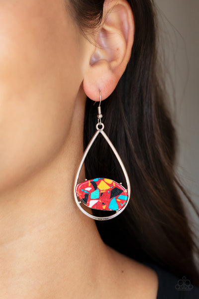 TROPICAL TERRAZZO - RED STONE SILVER TEARDROP EARRINGS - PAPARAZZI