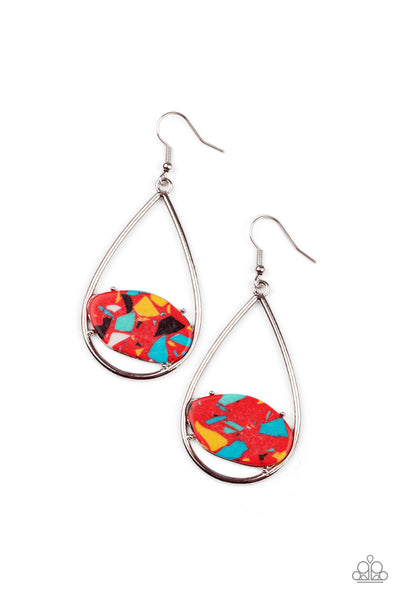 TROPICAL TERRAZZO - RED STONE SILVER TEARDROP EARRINGS - PAPARAZZI