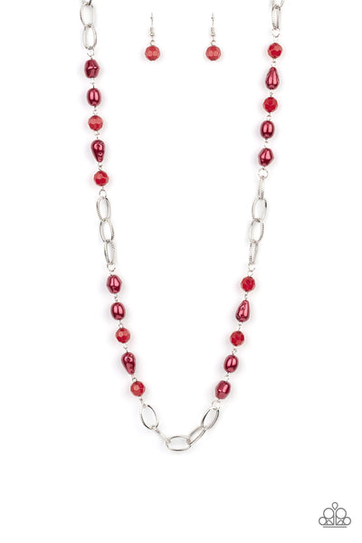 TEA PARTY TANGO - RED BEAD SILVER LINK NECKLACE - PAPARAZZI