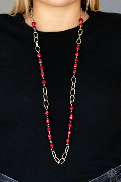 TEA PARTY TANGO - RED BEAD SILVER LINK NECKLACE - PAPARAZZI