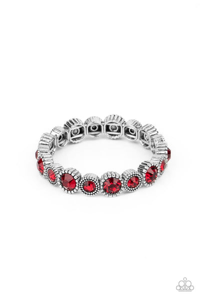 PHENOMENALLY PERENNIAL - RED RHINESTONE SILVER STRETCHY BRACELET - PAPARAZZI