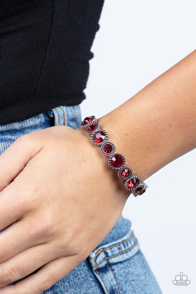 PHENOMENALLY PERENNIAL - RED RHINESTONE SILVER STRETCHY BRACELET - PAPARAZZI