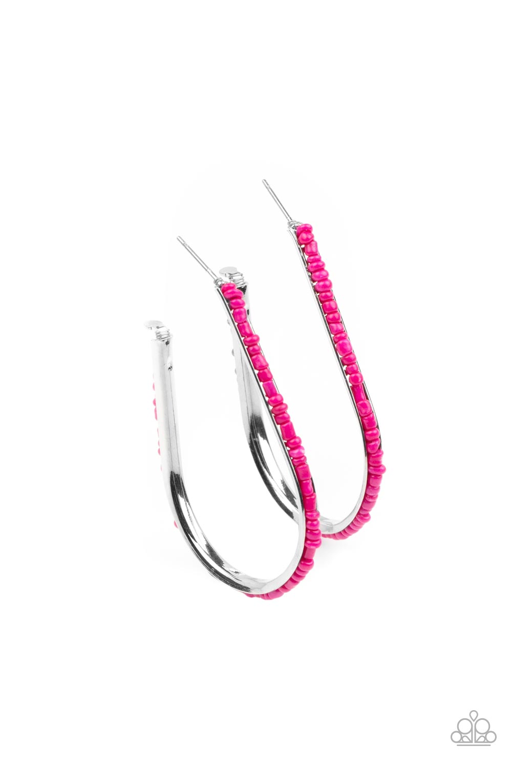 Beaded Bauble - Pink Seed Bead Silver Hoop Earrings - Paparazzi