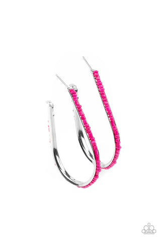 Beaded Bauble - Pink Seed Bead Silver Hoop Earrings - Paparazzi