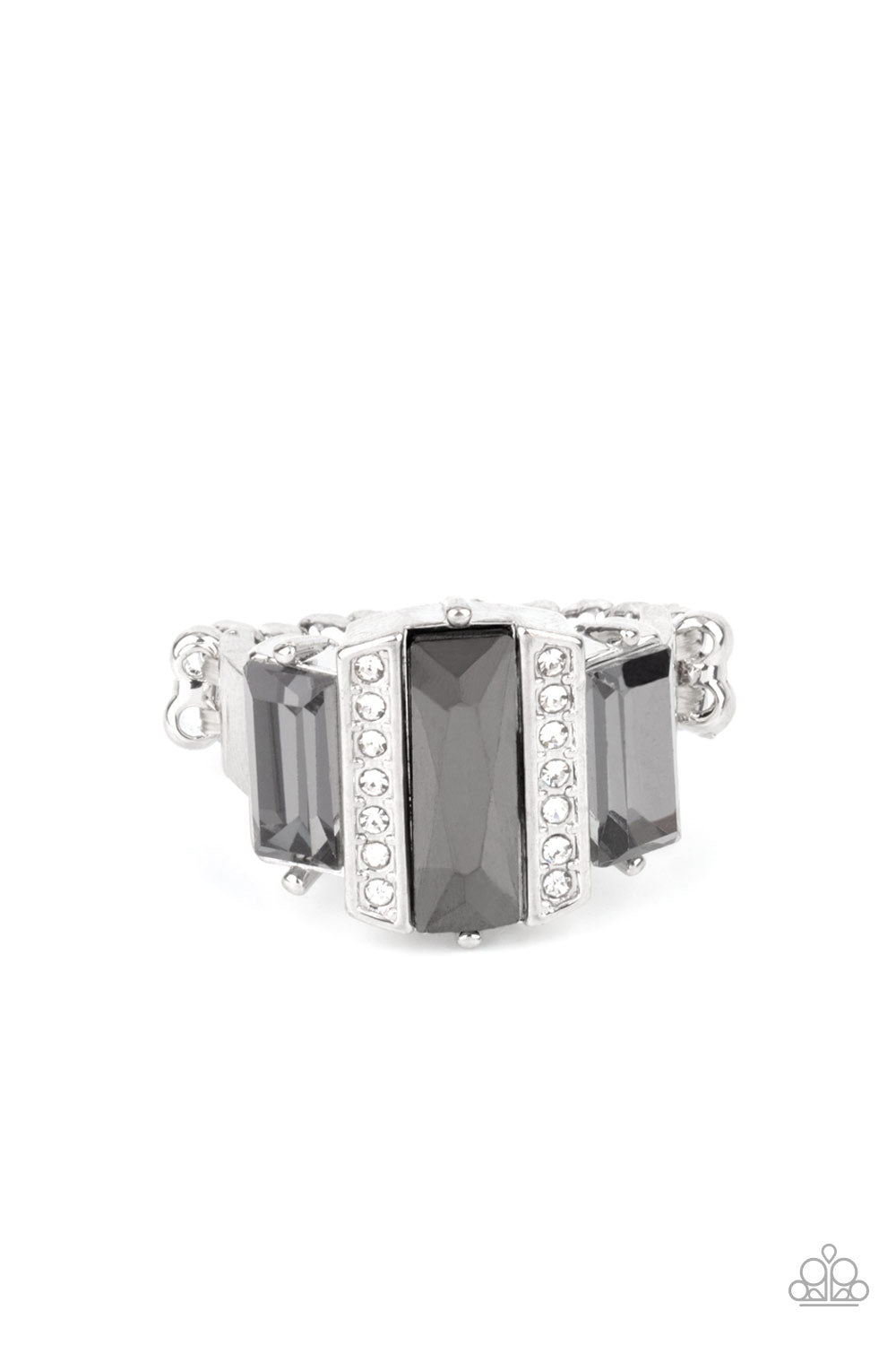 A GLITZY VERDICT - SILVER SMOKY GEM RING - PAPARAZZI