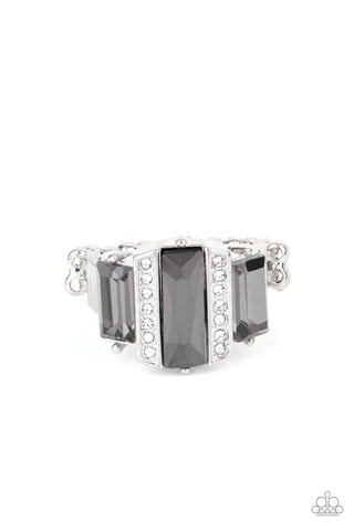 A GLITZY VERDICT - SILVER SMOKY GEM RING - PAPARAZZI
