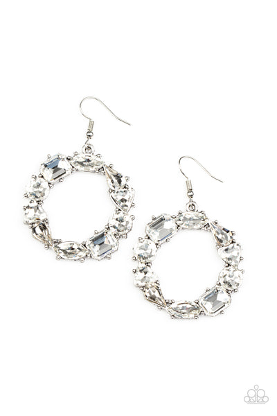GLOWING IN CIRCLES - WHITE EARRING RHINESTONE CIRCLE EARRINGS - PAPARAZZI
