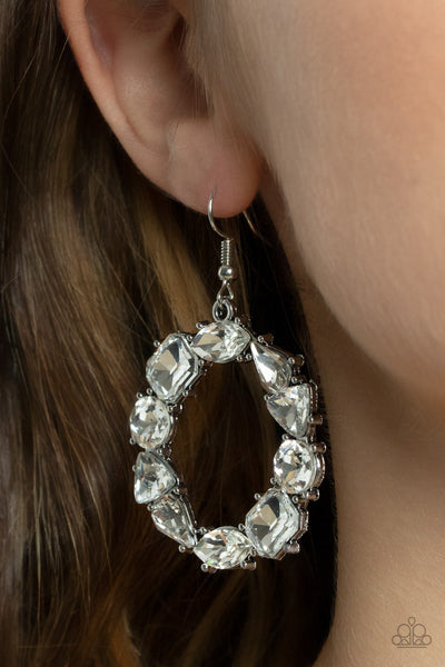 GLOWING IN CIRCLES - WHITE EARRING RHINESTONE CIRCLE EARRINGS - PAPARAZZI