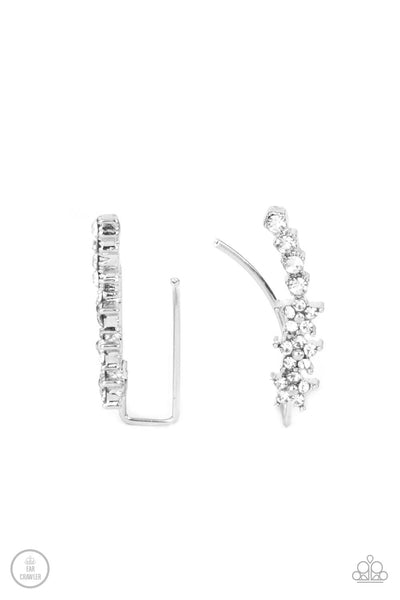 FLOWERY FINALE - WHITE RHINESTONE SILVER FLORAL CRAWLER EARRINGS - PAPARAZZI