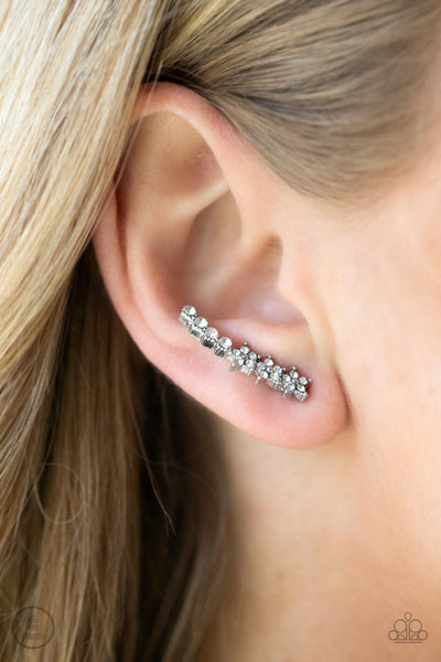 FLOWERY FINALE - WHITE RHINESTONE SILVER FLORAL CRAWLER EARRINGS - PAPARAZZI
