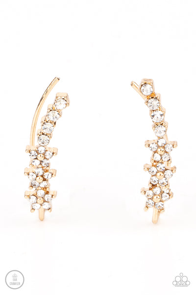 FLOWERY FINALE - GOLD RHINESTONE SILVER FLORAL CRAWLER EARRINGS - PAPARAZZI
