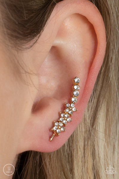 FLOWERY FINALE - GOLD RHINESTONE SILVER FLORAL CRAWLER EARRINGS - PAPARAZZI