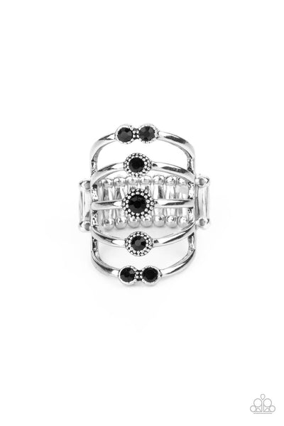 LAYER ON THE LUSTER - BLACK RHINESTONE SILVER RING - PAPARAZZI