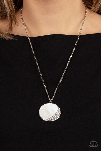 OCEANIC ECLIPSE - WHITE SHELL-LIKE RHINESTONE MOON SILVER NECKLACE - PAPARAZZI