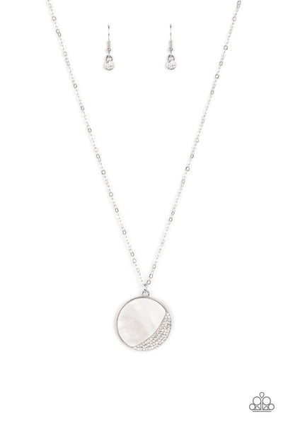 OCEANIC ECLIPSE - WHITE SHELL-LIKE RHINESTONE MOON SILVER NECKLACE - PAPARAZZI
