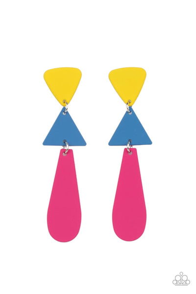 RETRO REDUX - MULTI YELLOW BLUE AND PINK RETRO POST EARRINGS - PAPARAZZI
