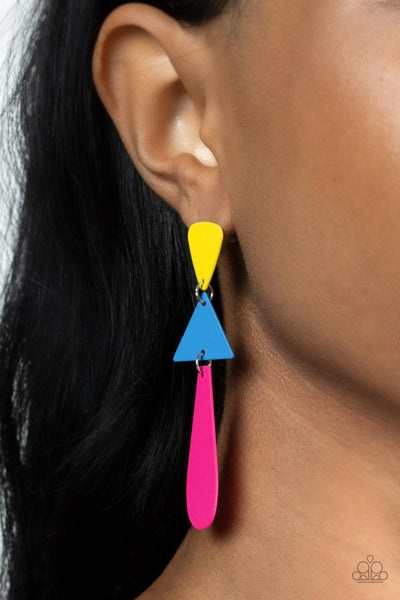 RETRO REDUX - MULTI YELLOW BLUE AND PINK RETRO POST EARRINGS - PAPARAZZI