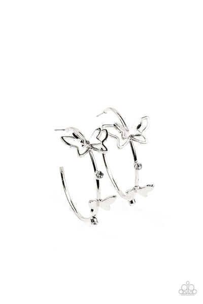 FULL OUT FLUTTER - WHITE RHINESTONE SILVER BUTTERFLY HOOP EARRINGS - PAPARAZZI