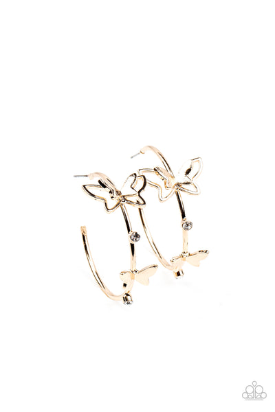 FULL OUT FLUTTER - GOLD BUTTERFLY WHITE RHINESTONE HOOP EARRINGS - PAPARAZZI