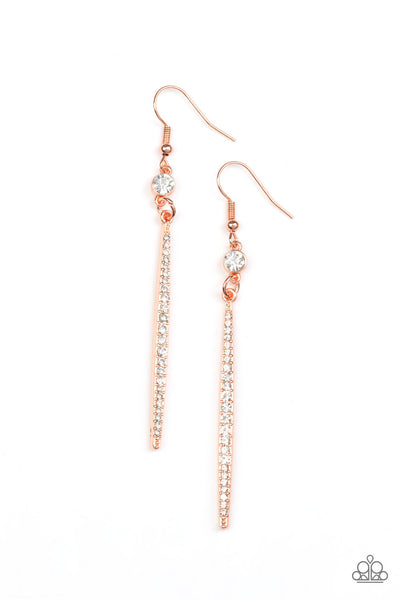 SKYSCRAPING SHIMMER - COPPER SHINY WHITE RHINESTONE EARRINGS - PAPARAZZI