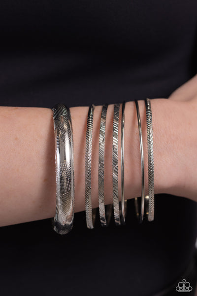 STACKABLE STUNNER - SILVER TEXTURED BANGLE BRACELET SET - PAPARAZZI