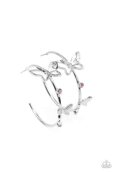 FULL OUT FLUTTER - PINK RHINESTONE SILVER BUTTERFLY HOOP EARRINGS - PAPARAZZI