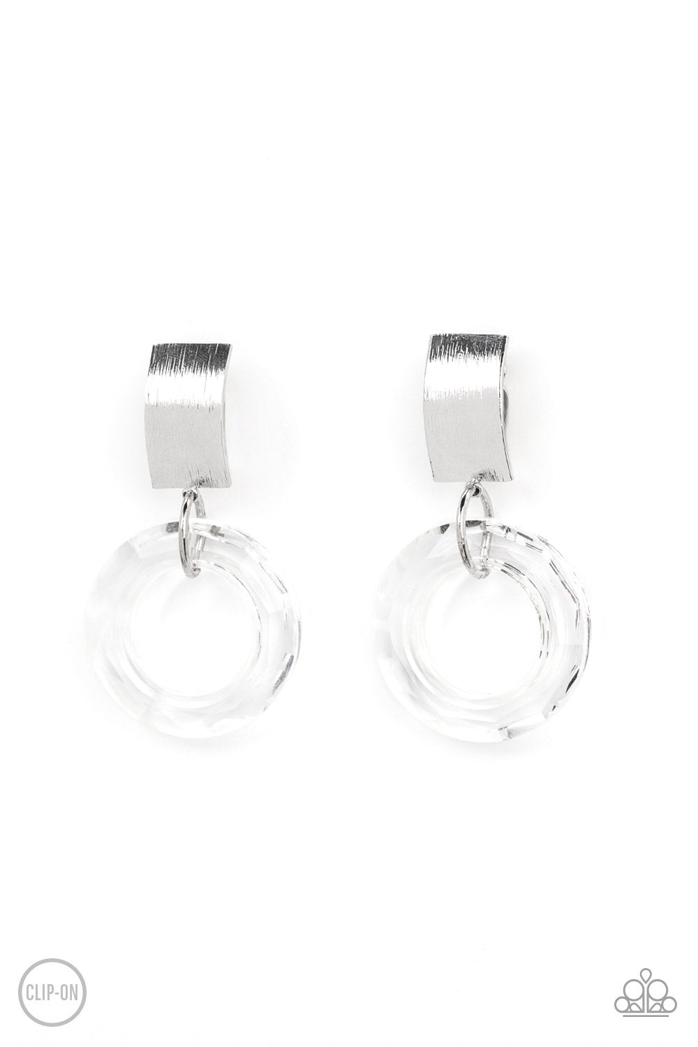 CLEAR OUT! -WHITE RECTANGLE CLEAR ACRYLIC CIRCLE CLIP-ON EARRINGS - PAPARAZZI