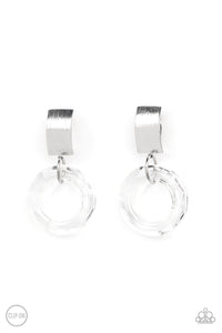 CLEAR OUT! -WHITE RECTANGLE CLEAR ACRYLIC CIRCLE CLIP-ON EARRINGS - PAPARAZZI