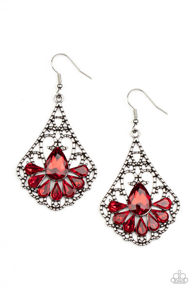 EXEMPLARY ELEGANCE - RED GEM RHINESTONE SILVER EARRINGS - PAPARAZZI