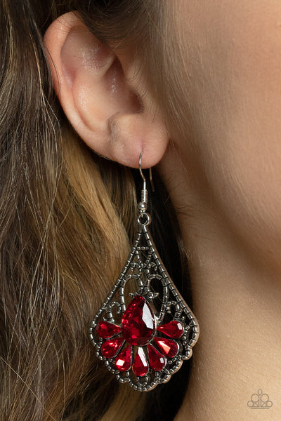 EXEMPLARY ELEGANCE - RED GEM RHINESTONE SILVER EARRINGS - PAPARAZZI