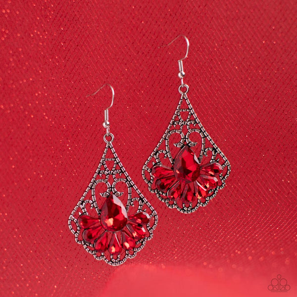 EXEMPLARY ELEGANCE - RED GEM RHINESTONE SILVER EARRINGS - PAPARAZZI