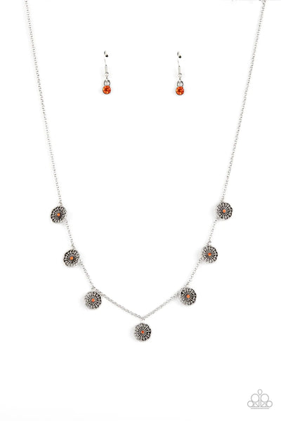 PRAIRIE PERENNIAL - ORANGE RHINESTONE SILVER FLOWER NECKLACE - PAPARAZZI