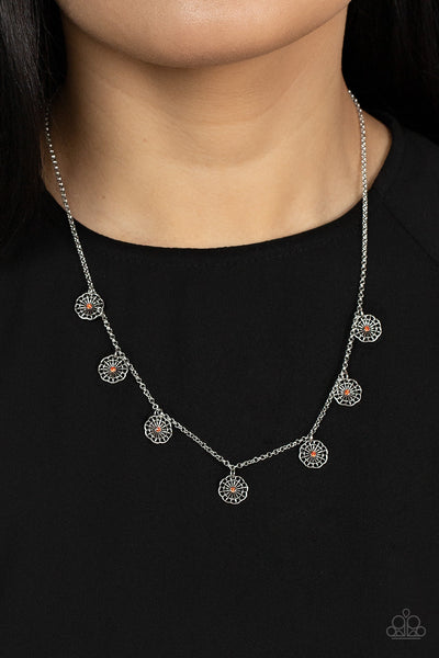 PRAIRIE PERENNIAL - ORANGE RHINESTONE SILVER FLOWER NECKLACE - PAPARAZZI